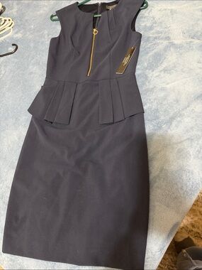Tahari Navy Midi Sheath Dress with Gold Zip